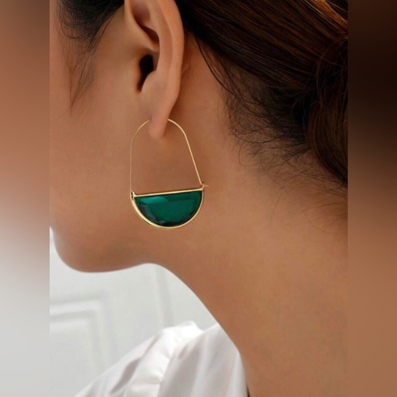 New Anthro Green Faceted Crescent Earrings ~ Glass Closed Hoops - Crescent Hoop - Picture 12 of 15